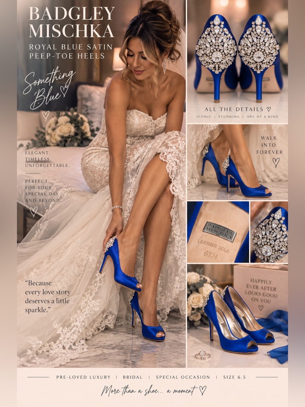 Badgley Mischka Royal Blue Satin Peep-Toe Heels with Crystal Cluster